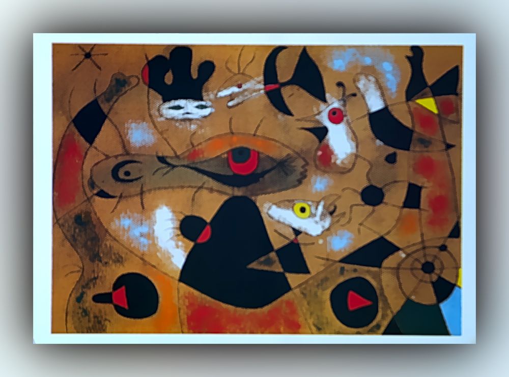 Joan Miró - Ein Tautropfen, der von dem Flügel eines Vogels fällt, weckt die im Schatten eines Spinnennetzes schlummernde Rosalie - Postkarte
