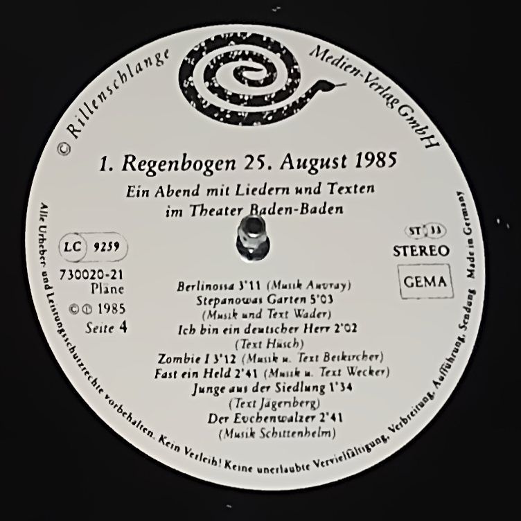 Various Artists - 1. Regenbogen 25. August 1985 - Vinyl