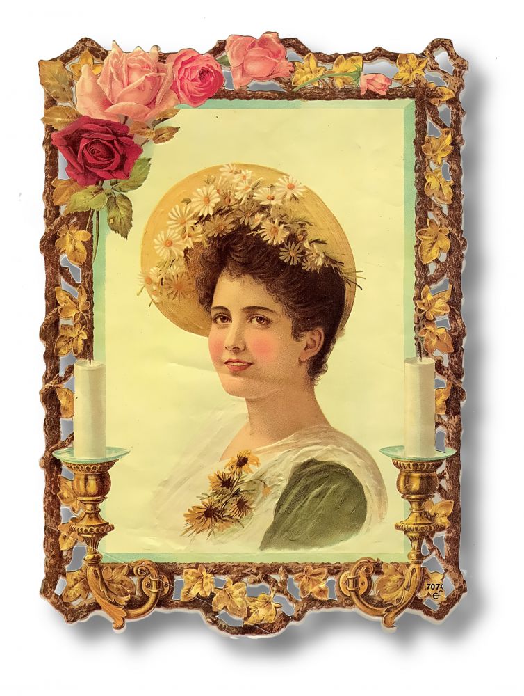 Scrapbook Aufkleber Sticker: Frau mit Hut in Jugendstil-Rahmen